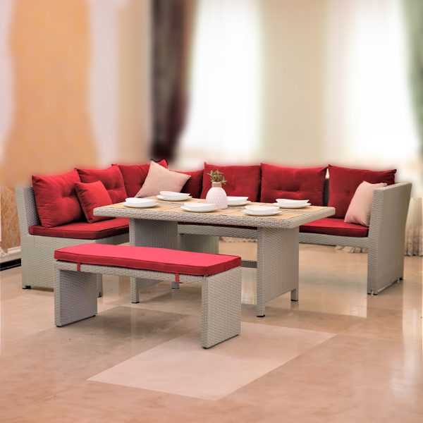 ست مبلمان پلی راتان باواریا (6 نفره ال شکل + 1 پاف دونفره + میز نهارخوری)