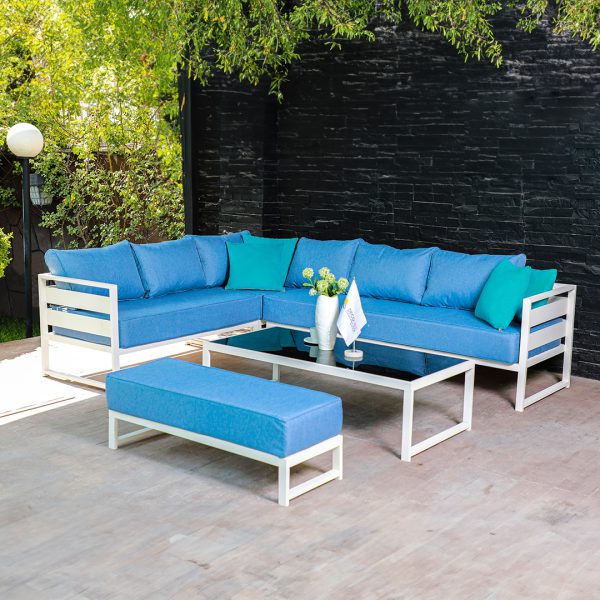 مبلمان آلومینیومی مینیمال لوتوس (5 نفره + 1 پاف دونفره + میز کافی)